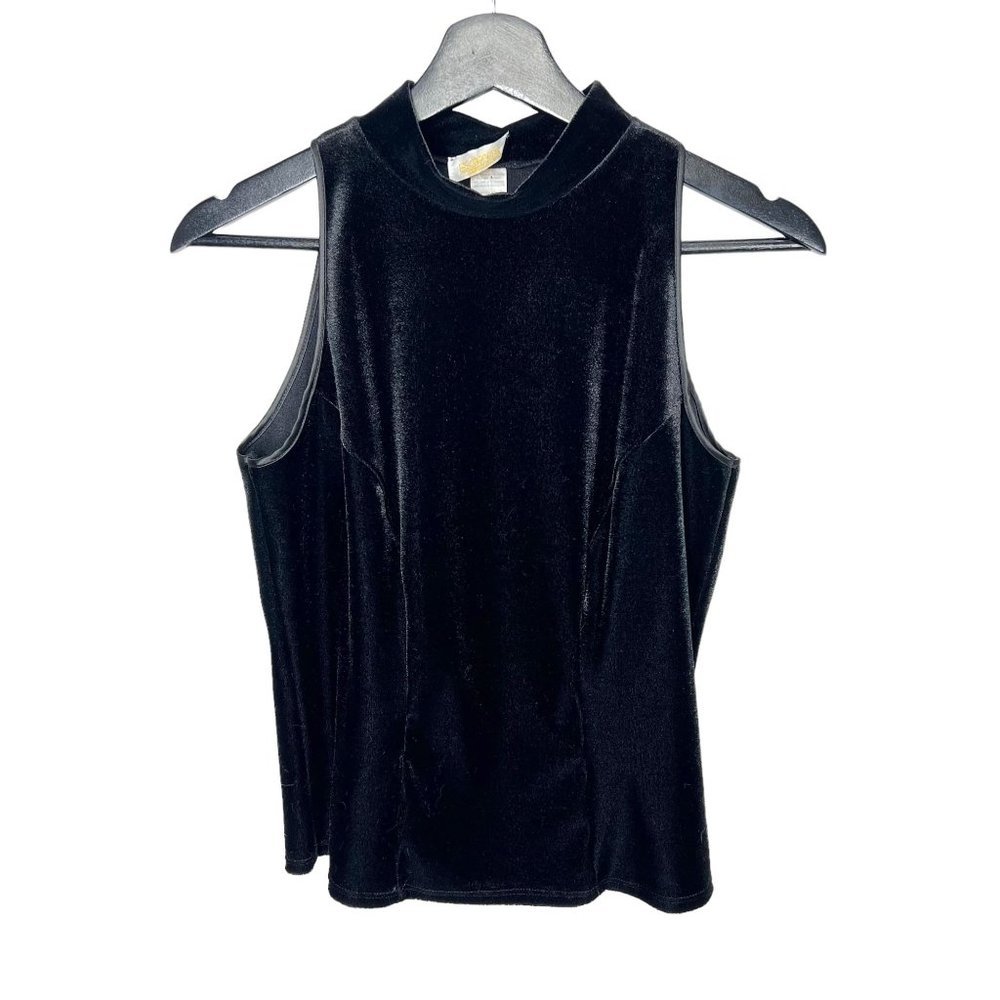 Vintage 90s Black Velvet High Neck Sleeveless Top Medium